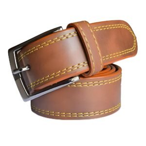 Leather Belt for Men, Tan Brown with Yellow Stitching